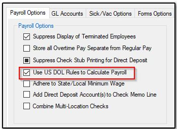 Image showing the use DOL rules to calculate payroll checkbox.